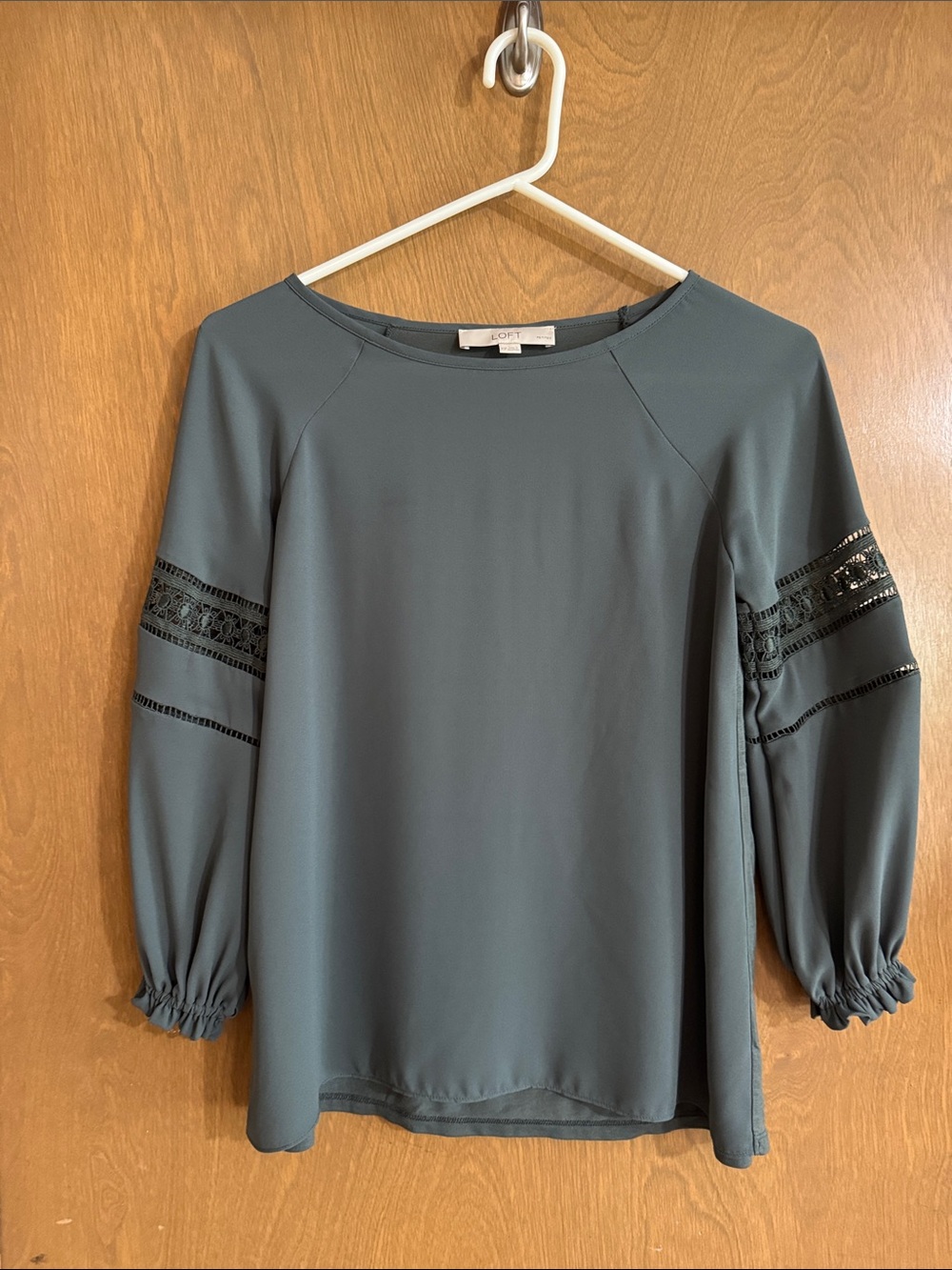 LOFT Slate Green Lace-Inset Long Sleeve Blouse